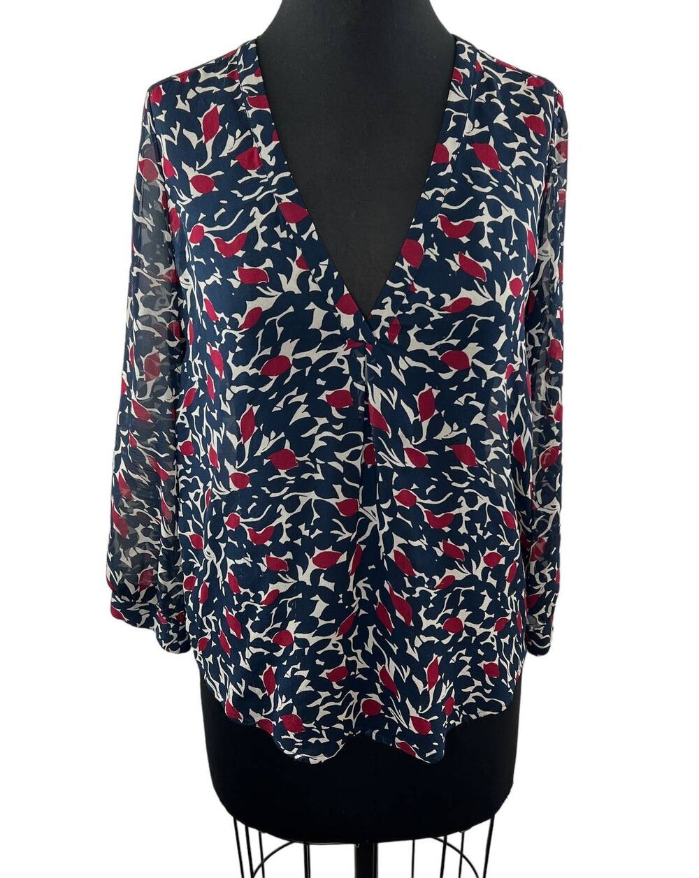 JOIE Blue Red Silk Leaf Floral Printed V-Neck Blouse Lightweight Long Sleeve XS